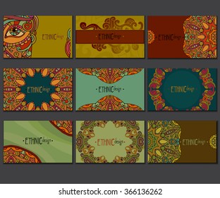 Ethnic colored business card set. Abstract decorative elements. Hand drawn vector illustration.