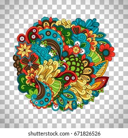 Ethnic colored floral illustration like doodle circular pattern vector isolated on transparent background