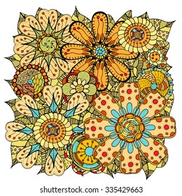 Ethnic colored floral zentangle, doodle background pattern circle in vector. Henna paisley mehndi doodles design tribal design element. 