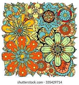 Ethnic colored floral zentangle, doodle background pattern circle in vector. Henna paisley mehndi doodles design tribal design element. 