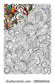 Ethnic colored floral zentangle, doodle background pattern rectangle in vector. Henna paisley mehndi doodles design. Good for coloring book for adult and older children. Coloring page. 