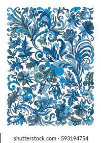 Ethnic colored floral zentangle, doodle background pattern rectangle in vector. Henna paisley mehndi doodles design. Good for cover design. Blue colors.