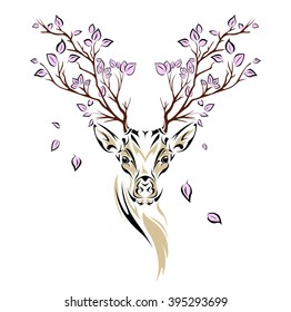 Ethnic colored head of deer with branches on the horns. totem / tattoo design. Use for print, posters, t-shirts. Vector illustration