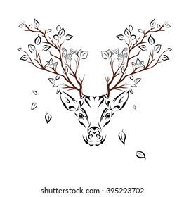 Ethnic colored head of deer with branches on the horns. totem / tattoo design. Use for print, posters, t-shirts. Vector illustration