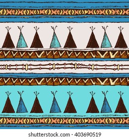 Ethnic colored seamless pattern in native style. Tribal vector pattern with native American Indian symbols. Boarder wigwam pattern. Hand-drawn indian background vector. Native american tent pattern