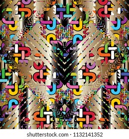 Ethnic colorful 3d vector seamless pattern. Geometric abstract ornate background. Tribal knot ornament with geometry shapes, circles, triangles, rhombus. Gold striped decorative design with holes.
