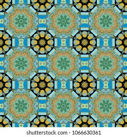 Ethnic colorful doodle texture in blue, green and orange colors. Tracery seamless pattern. Mehndi design. Vector curved doodling background.