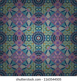 Ethnic colorful doodle texture in blue, violet and green colors. Vector illustration. Tracery seamless pattern in Mehndi style. Curved doodling background.