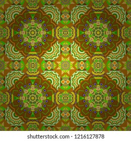 Ethnic colorful doodle texture in green, yellow and brown colors. Tracery seamless pattern. Vector curved doodling background. Mehndi design.