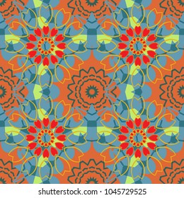 Ethnic colorful doodle texture in neutral, blue and orange colors. Tracery seamless pattern in Mehndi style. Vector illustration. Curved doodling background.