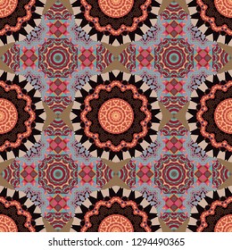 Ethnic colorful doodle texture in red, black and beige colors. Tracery seamless pattern in Mehndi style. Vector illustration. Curved doodling background.