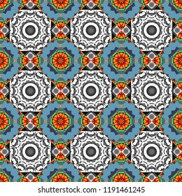 Ethnic colorful doodle texture. Tracery seamless pattern. Vector illustration. Mehndi design in gray, brown and blue colors. Curved doodling background.