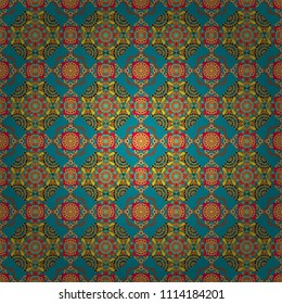 Ethnic colorful doodle texture. Vector illustration. Tracery seamless pattern. Curved doodling background. Mehndi design in blue, yellow and brown colors.
