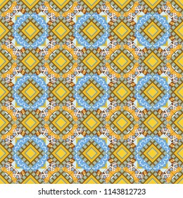 Ethnic colorful doodle texture. Vector illustration. Mehndi design in blue, brown and yellow colors. Tracery seamless pattern. Curved doodling background.