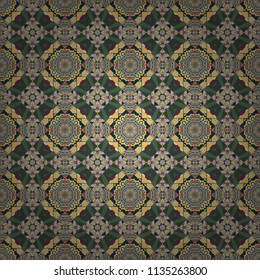 Ethnic colorful doodle texture in yellow, gray and green colors. Curved doodling background. Vector illustration. Tracery seamless pattern in Mehndi style.