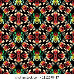 Ethnic colorful geometric seamless pattern. Vector tribal abstract background. Decorative bright ornaments. Geometric shapes, figures, rhombus. Ornamental design. For fabric, textile, wrapping, cloth