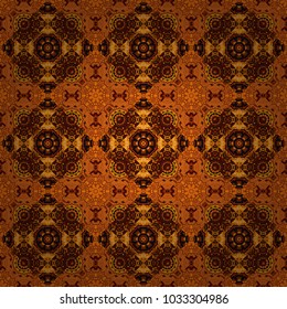 Ethnic colorful harmonious doodle texture. Indifferent discreet. Curved doodling mehndi motif in orange, brown and red colors. Seamless calming pattern. Vector mehendi design.