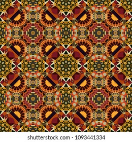 Ethnic colorful harmonious doodle texture. Indifferent discreet. Seamless calming pattern. Vector mehendi design. Curved doodling mehndi motif in orange, gray and brown colors.