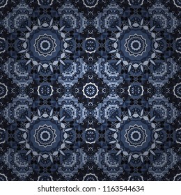 Ethnic colorful harmonious doodle texture. Curved doodling mehndi motif in gray, brown and blue colors. Mehendi design. Seamless calming pattern. Indifferent discreet.