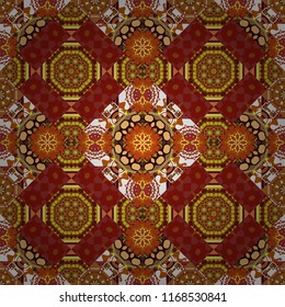 Ethnic colorful harmonious doodle texture. Vector mehendi design. Indifferent discreet. Seamless calming pattern. Curved doodling mehndi motif in brown, red and orange colors.