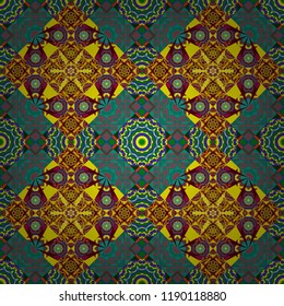 Ethnic colorful harmonious doodle texture. Indifferent discreet. Curved doodling mehndi motif in green, blue and yellow colors. Seamless calming pattern. Vector mehendi design.