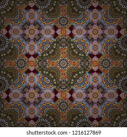 Ethnic colorful harmonious doodle texture. Vector mehendi design. Seamless calming pattern. Curved doodling mehndi motif in brown, blue and beige colors. Indifferent discreet.