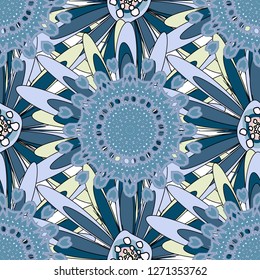 Ethnic colorful harmonious doodle texture. Indifferent discreet. Vector mehendi design. Curved doodling mehndi motif in blue, beige and black colors. Seamless calming pattern.