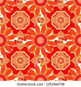 Ethnic colorful harmonious doodle texture. Vector mehendi design. Indifferent discreet. Seamless calming pattern. Curved doodling mehndi motif in beige, orange and red colors.
