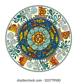 Ethnic colorful mandala with decorative ornament, doodle fishes, waves, wind and fairytale ships.