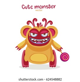 Ethnic Colorful Monster Funny Character With Lollipop. Cartoon Monster Mascot Vector Illustration On A White Background.