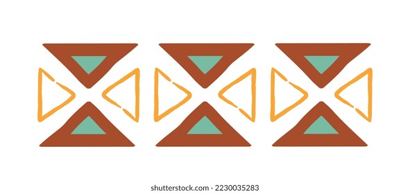 Ethnic colorful ornament. Three sets of minimalistic triangles. Graphic element for printing on fabric. Stylish logotype for company or organization, branding. Cartoon flat vector illustration