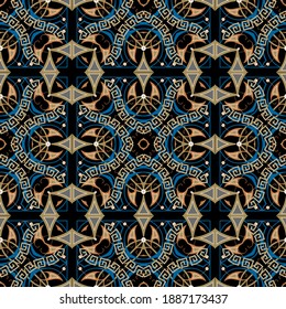 Ethnic colorful seamless pattern. Abstract vector ornamental background. Floral repeat modern backdrop. Tribal ornament with greek key, meanders, abstract flowers, shapes, circles. Symmetrical design.