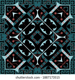 Ethnische farbige nahtlose Muster. Abstrakter Vektorgrafik-Zierhintergrund. Blumenmuster wiederholen den modernen Hintergrund. Stammesverzierung mit griechischen quadratischen Rahmen, abstrakten Blumen, Formen, Kreisen. Symmetrisches Design.