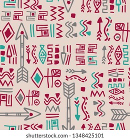 Ethnic colorful seamless pattern. Doodle maya hand drawn ancient vintage style.