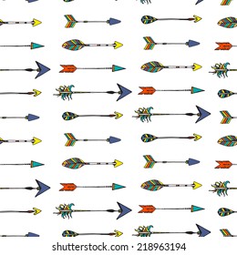 Ethnic colorful seamless pattern made in vecor. Texture with tribal indian hand drawn arrows. Native american background design. 