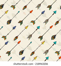 Ethnic colorful seamless pattern made in vecor. Texture with tribal indian hand drawn arrows. Native american background design. 