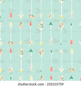 Ethnic colorful seamless pattern made in vecor. Texture with tribal indian hand drawn arrows. Native american background design. 