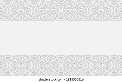 Ethnic convex volumetric wallpaper from an original 3D pattern in an oriental style. White embossed openwork background of geometric shapes. Horizontal inserts with an ornament.