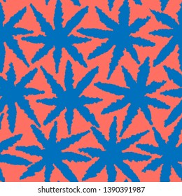 Ethnic coral and blue seamless pattern. Boho abstract stars, leaves repeat textile print, vector background. Folk fashion hand made wallpaper.