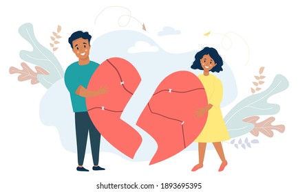 Ethnic couple holding broken halves of the heart. Blacks Man and woman reunite, uniting cracked heart. Vector. Concept of love, restoration of relationships and family, conflict resolution, teamwork