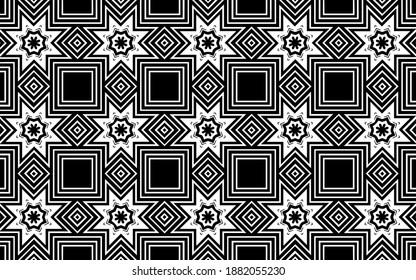 Ethnic creative black white texture. Geometric background of a pattern of squares, flowers, lines for design decoration, coloring book, textiles, website.