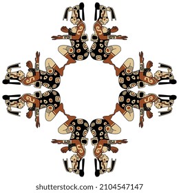 Ethnic cross design. Round frame or mandala with sitting Mayan character. Native American art of Maya Indians. Mexico or Guatemala.