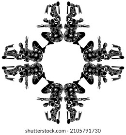 Ethnic cross design. Round frame or mandala with sitting Mayan character. Native American art of Maya Indians. Mexico or Guatemala. Black and white negative silhouette.
