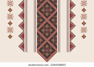 Patrón de puntos de cruz étnica. Diseño de bordado de cordón étnico. Patrón de puntada tradicional del escote geométrico vectorial. Camisas de cuello textil de moda. Ornamentos de tela étnica estilo de arte de píxeles coloridos.