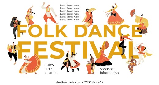 Ethnic and cultural diversity. Folk dance festival banner template with collection of people in traditional costumes from different countries. Isolated characters in flat style