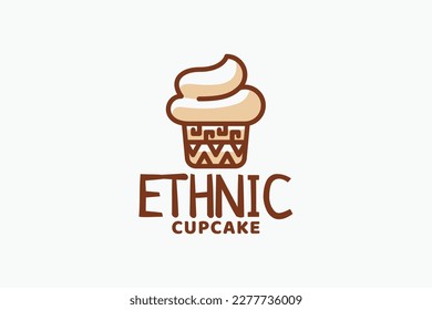 ethnic cupcake logo with a combination of a cute cupcake and tribal carvings on the cup.