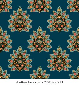 Ethnic damask flower and leaves bunch seamless pattern in retro style