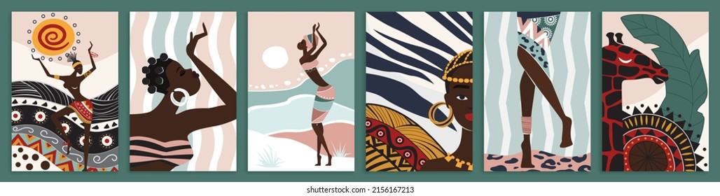 Ethnic dances of African woman among traditional and animal patterns set vector illustration. Abstract silhouettes, native ornament and tribal culture elements in wall art decor, social media stories