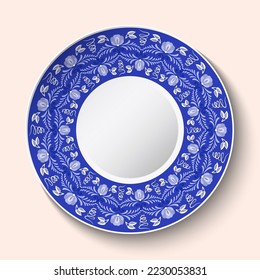 Ethnic dark blue plate Decor for interior decoration, table setting. Stylized ethnic cobalt painting on porcelain. Isolated dish, menu designs ethnic plates. Vector illustration