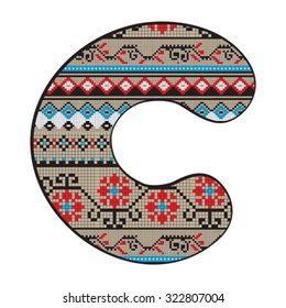 Ethnic decorated original font, pixel art model inspired by a Balkan motif over a funny fat capital letter C isolated on white